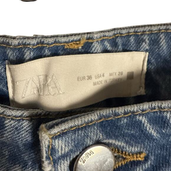 Zara Blue Denim Straight Leg High Rise Distressed Cut Destructed Jeans Size 4 - Picture 6 of 9